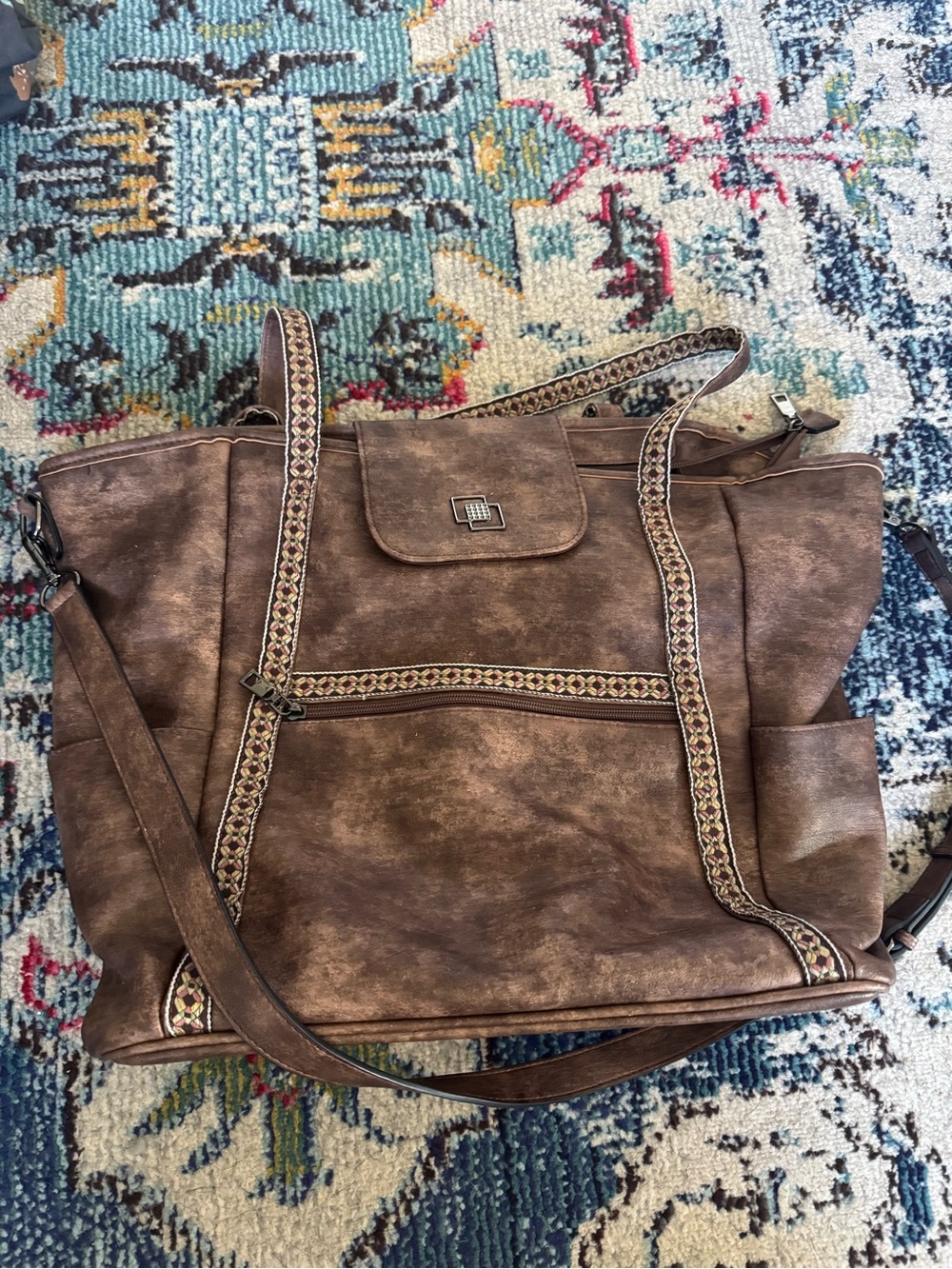 Brown Faux-Leather Women's Tote Bag with Decorative Trim